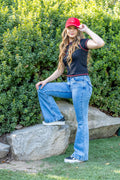 Jeans Elcira Flare Bordado Contorno Bolsillos Azul Cacao