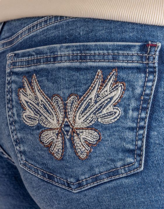 Jeans Angel Flare Bordado Bolsillo Trasero Azul Cacao