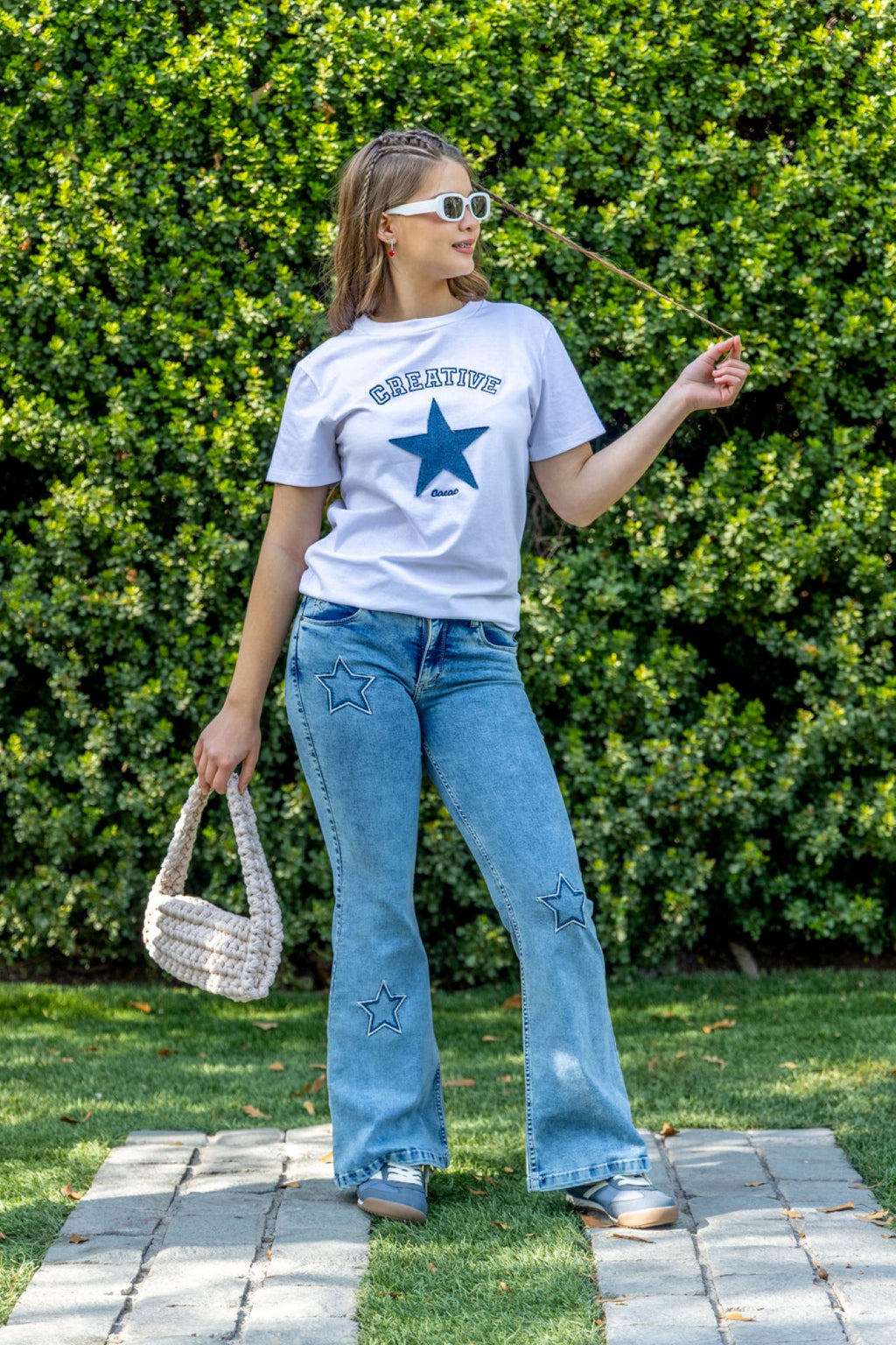 Jeans Glith Flare Bordado c/Desflecado Azul Niña Cacao