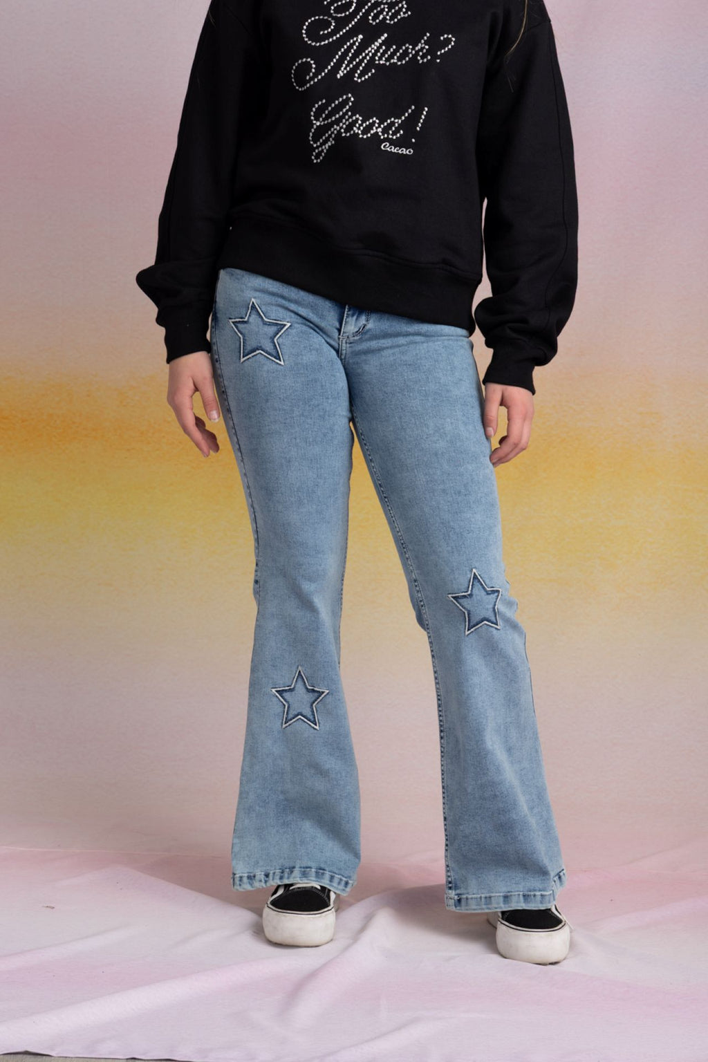 Jeans Glith Flare Bordado c/Desflecado Azul Niña Cacao