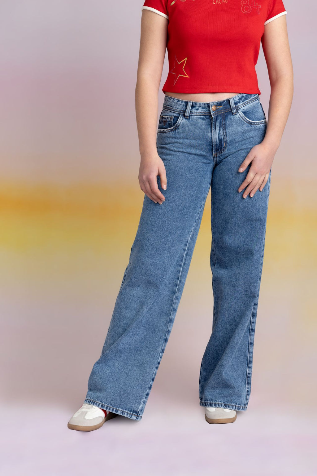 Jeans Puglia Wide Bolsillos Parche Estrella Azul Medio Cacao