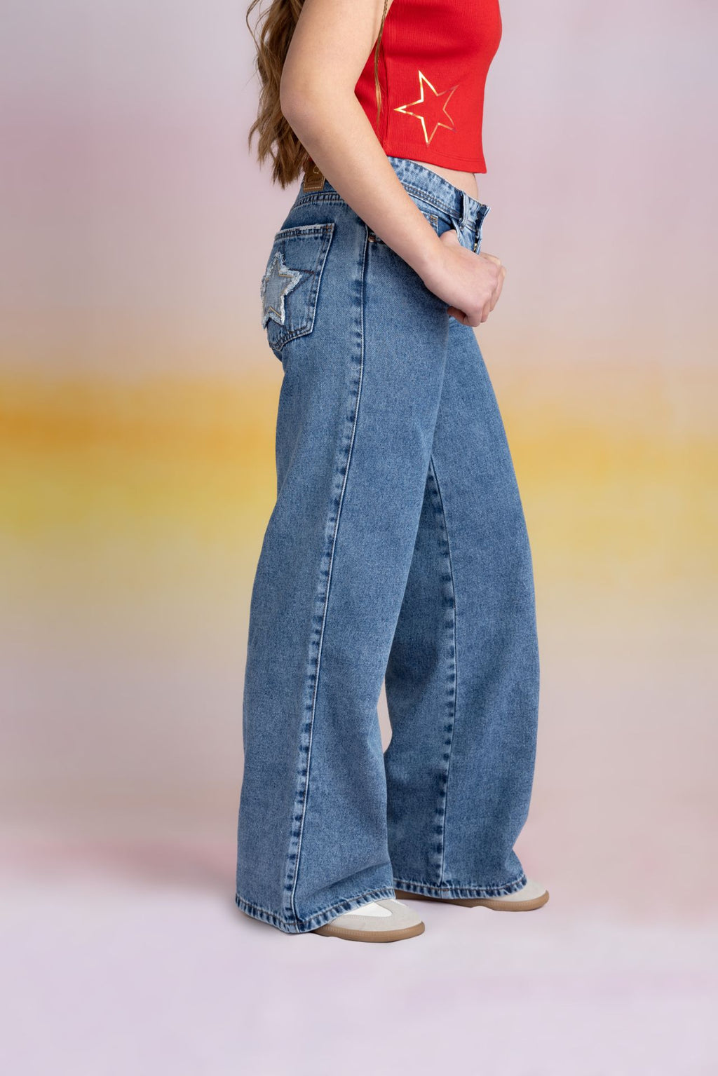 Jeans Puglia Wide Bolsillos Parche Estrella Azul Medio Cacao