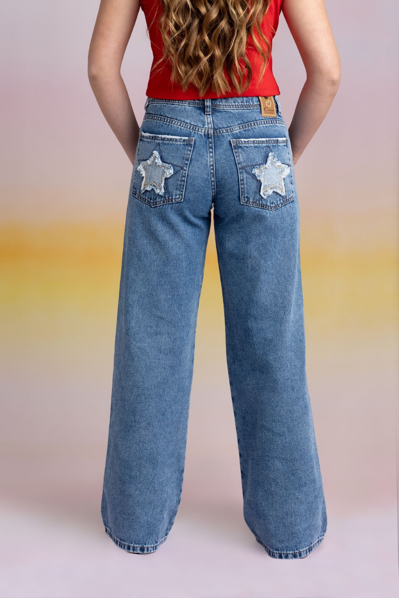 Jeans Puglia Wide Bolsillos Parche Estrella Azul Medio Cacao