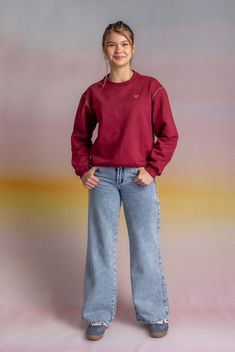 Jeans Puglia Wide Tiro Bajo Parches Azul Light Cacao