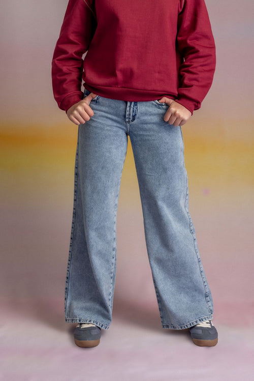 Jeans Puglia Wide Tiro Bajo Parches Azul Light Cacao