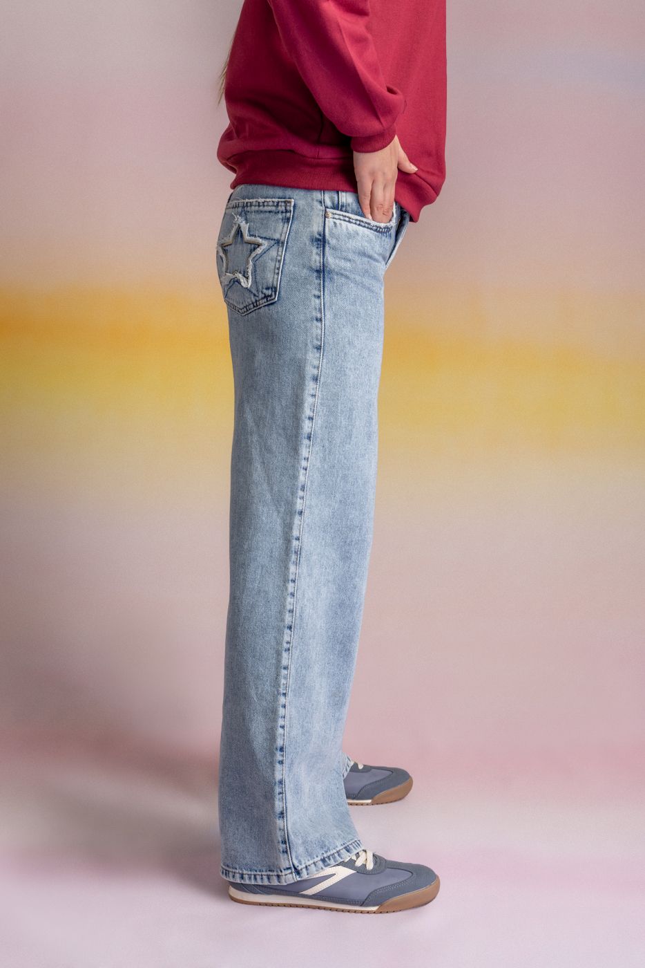 Jeans Puglia Wide Tiro Bajo Parches Azul Light Cacao