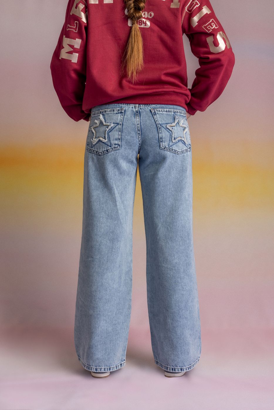 Jeans Puglia Wide Tiro Bajo Parches Azul Light Cacao
