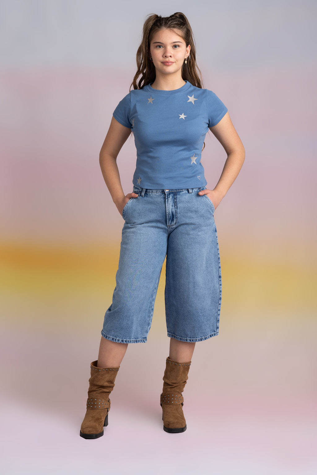 Polera Mikara Regular Bordado Estrellas Indigo Cacao